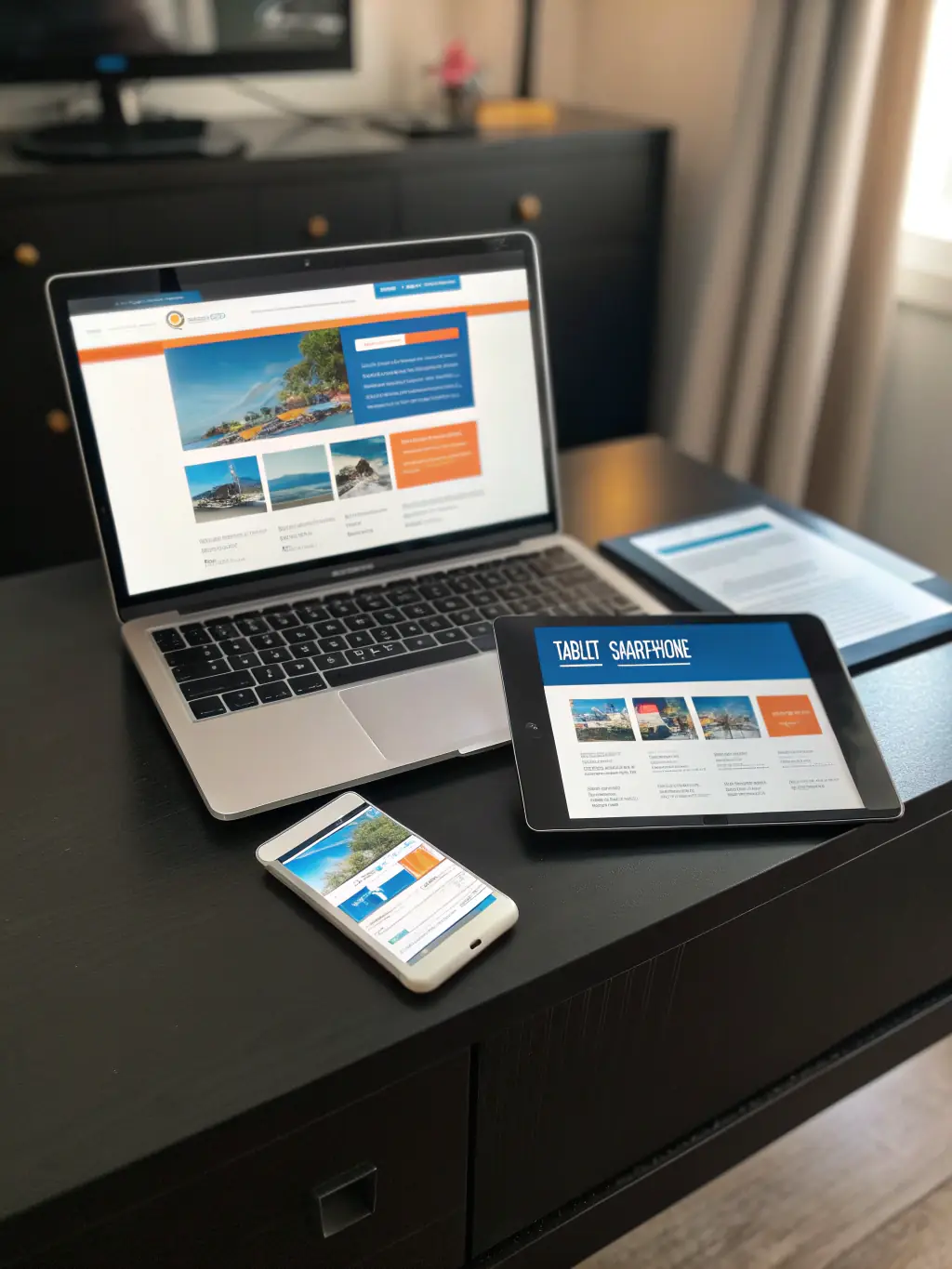 A sleek, modern website displayed on a laptop, tablet, and smartphone, showcasing responsive design and user-friendly interface, representing WEBLAB's Custom Web Design service.