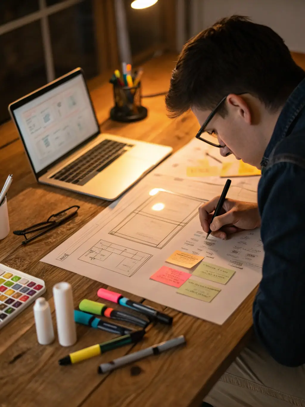 An illustration of a user interface design process, showing wireframes, mockups, and prototypes being developed on a computer screen, representing WEBLAB's UI/UX Design service.