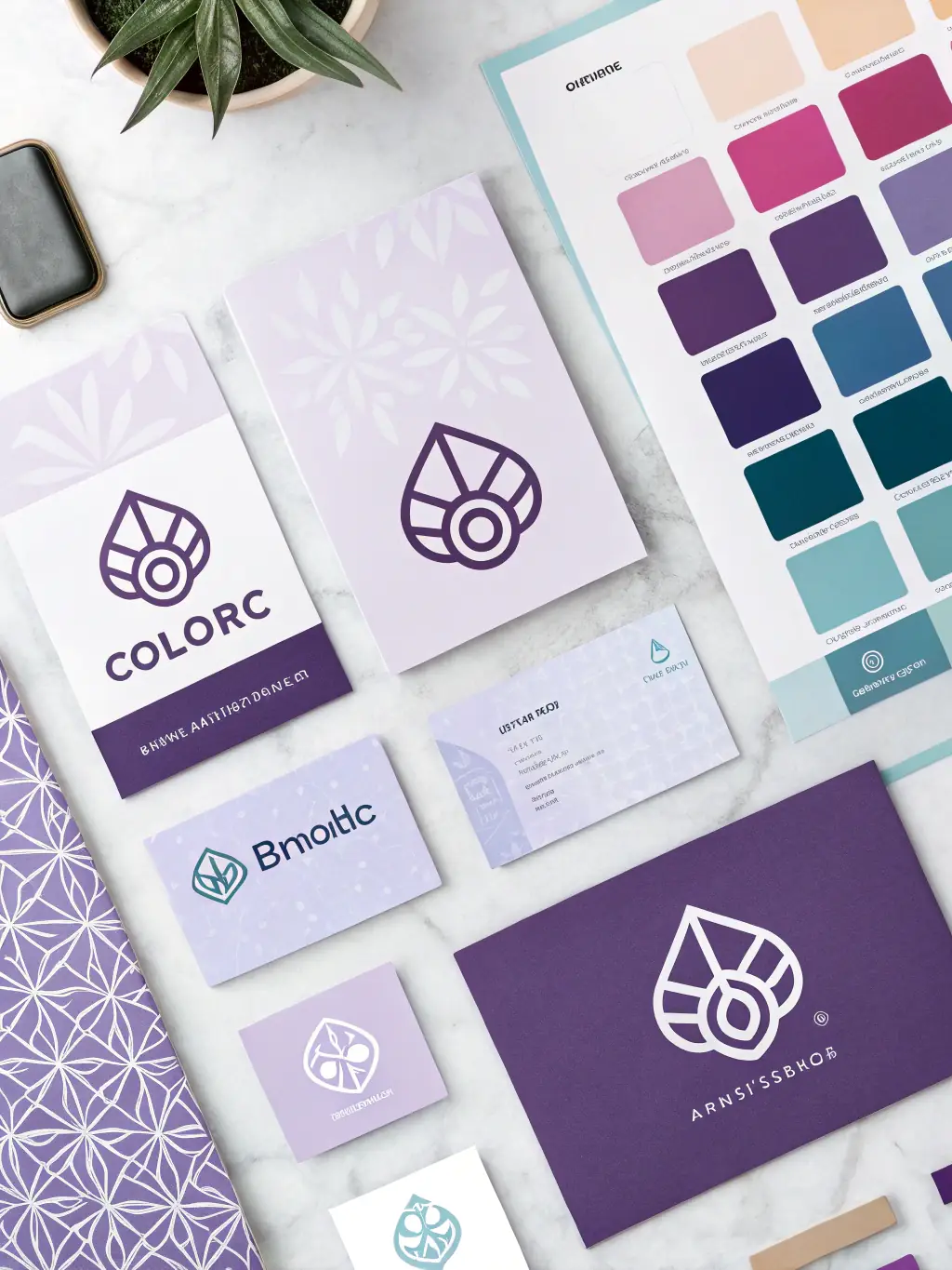 A collection of branding elements including a logo, business card, and social media graphics, all designed with a consistent and visually appealing style, representing WEBLAB's Graphic Design service.